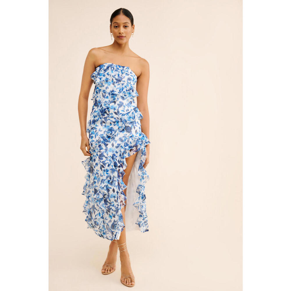 Anthropologie x BHLDN - Blue Floral Ruffle Maxi Dress, side slit, size 4